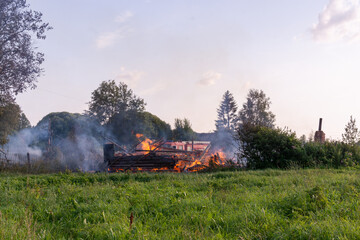 A fire in the village. Burning wooden houses in the village of Rantsevo, Tver region. 