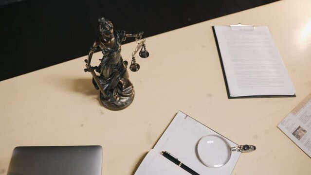 Lawyer Or Judge Desk At The Office Workplace Seen From Above, Law Practicing Background Concept With No People