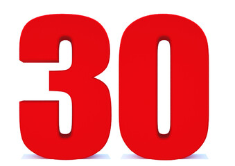 3d Red number 30 isolated on white background