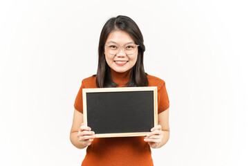 Naklejka premium Showing, Presenting and holding Blank Blackboard Of Beautiful Asian Woman Isolated On White Background
