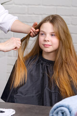 Hairdresser making a hair to cute girl in hair salon. Young girl at hairdresser