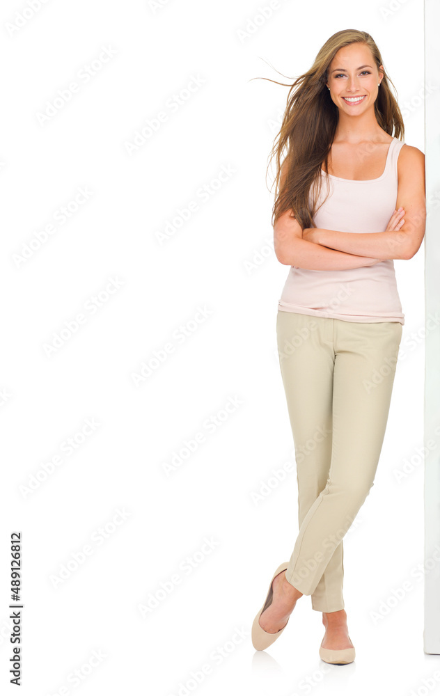 Canvas Prints Taking time to smell the roses. Full-length portrait of a beautiful young woman in casual wear isolated on white.