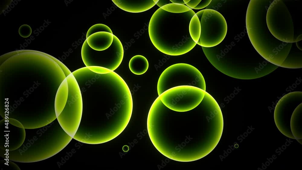 Poster Beautiful floating up moving green glowing bokeh bubbles lights Seamless loop motion Background. pink bubbles on black background can use as overlay or motion titles cinematic background loop. 
