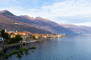 Fototapeta na wymiar Pretty resort, Cannobio city center on the Maggiore lake, on a sunny day, Verbania, Italy