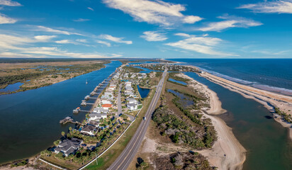 Aerial view of coastal paradise summer heaven near St Augustine Florida luxury vacation homes with long decks