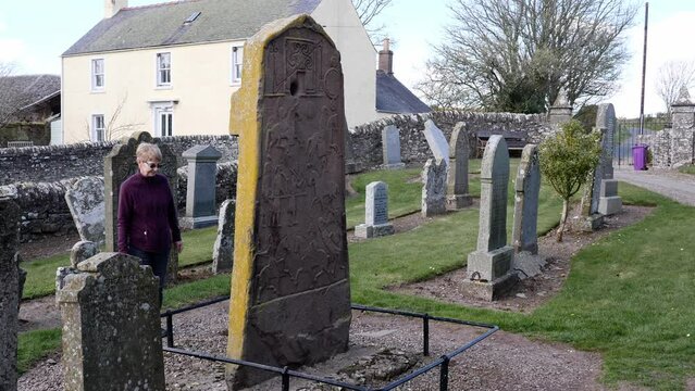 Lady examines Pictish stone in Aberlemno Kirkyard