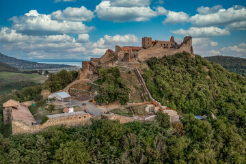 Aerial close up view of the upper castle of Szigliget above lake Balaton in Hungary with newly...