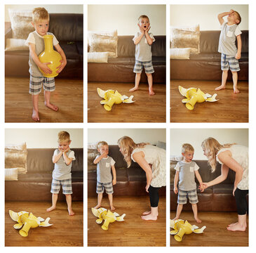 It was an accident.... Composite shot of a mother scolding her little son for breaking a vase at home.
