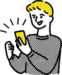 携帯電話を見てガッツポーズしながら楽しく笑っている男性のおしゃれなイラスト