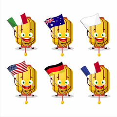 Yellow chinese long lamp cartoon character bring the flags of various countries
