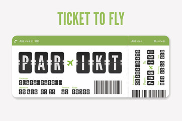Green Airline Ticket. Vector flight coupon with shadows. Airplane boarding card isolated on white - obrazy, fototapety, plakaty