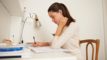 Getting it all in her head. Shot of a young woman studying at her desk at home.