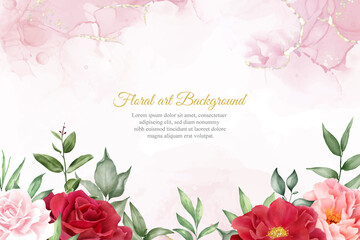Fototapeta na wymiar Romantic Watercolor Arrangement Flower Background Design with Maroon Floral and Leaves