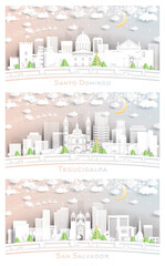 Tegucigalpa Honduras, San Salvador and Santo Domingo Dominican Republic City Skyline Set. - obrazy, fototapety, plakaty