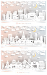 Yangon Myanmar, Kathmandu Nepal and Ulaanbaatar Mongolia City Skyline Set in Paper Cut Style.