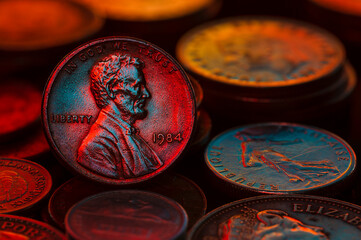 Abraham Lincoln Penny 1984 Cent Piles and Stacks Close Up