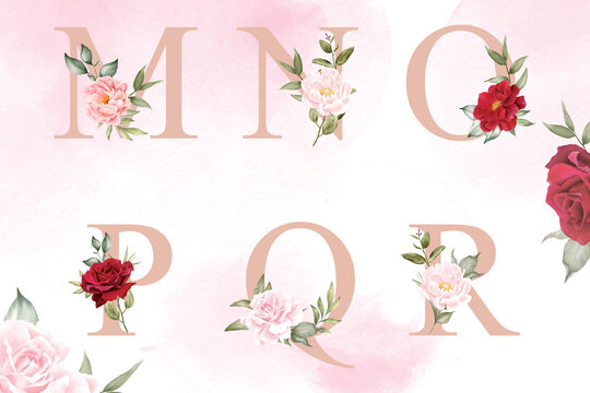 Watercolor floral alphabet set of m, n, o, p, q, r with hand drawn Flower and Leaves