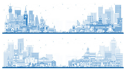 Outline Welcome to England and Wales. City Skyline with Blue Buildings.