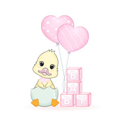 Cute Duck and baby toy box with balloon illustration