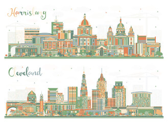 Cleveland Ohio and Harrisburg Pennsylvania City Skyline Set with Color Buildings.