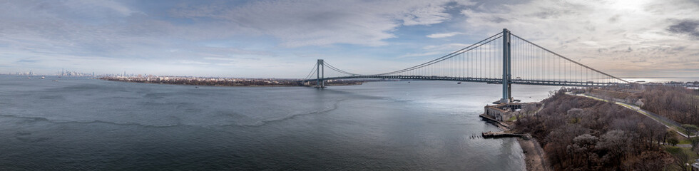 Aerial view of the Verrazzano-Narrows Bridge a suspension bridge connecting the New York City boroughs of Staten Island and Brooklyn