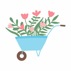  Garden wheelbarrow with flowers. Blue garden wheelbarrow with flowers and green leaves .Element for postcards, posters and banners. The final illustration in a hand-drawn style.