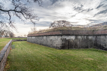 Fototapeta na wymiar View of Fort Jay cannon bastion and dry moat, counterscarp on Governors Island New York