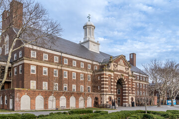 Imposing army barracks made of brick and stone next to Liggett Terrace on Governor's Island New York