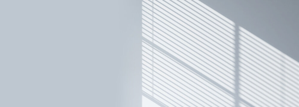 3D Render of beautiful window blind shadow from morning sunlight on grey empty wall inside the room. Background, Product presentation, Backdrop, Mockup, Interior, Shade and shadow, Lining, Abstract.