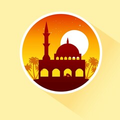 Sunset Arabic Desert Camel Caravan Muslim Islamic Culture Illustration