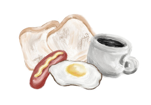 Set of American traditional breakfast includes coffee grilled bread sausage fried egg sunny side up painting in oil brush stroke style isolated on white background