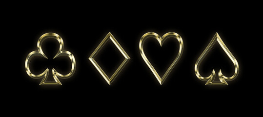Golden shiny symbols of playing cards on a black background.