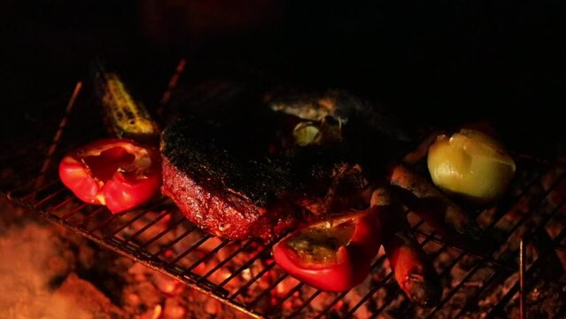 Lifestyle shot of meat and vegetables being grilled besides the bonfire, in the campsite at night.