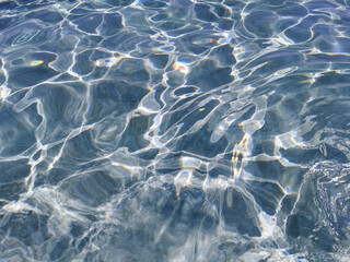 Crystal clear blue water of the Mediterranean Sea on the beach of Fig Tree Bay, white sand is visible at the bottom. Water background.