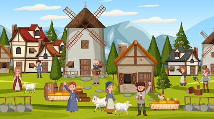 Obraz na płótnie Canvas Medieval town scene with villagers