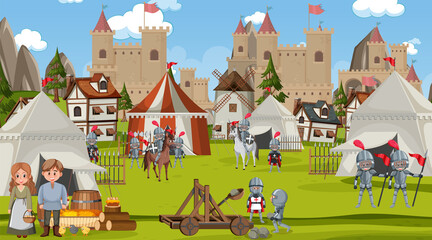 Medieval town scene camp with tents and castle