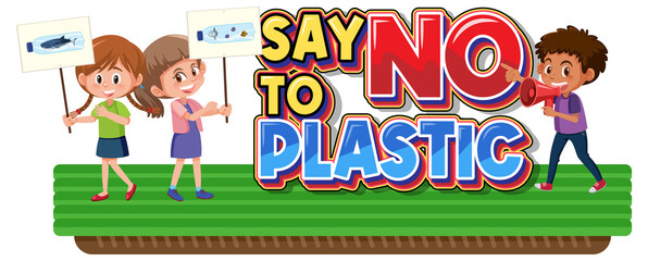 Say no to plastic logo banner with children cartoon