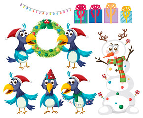 Christmas set with birds and snowman