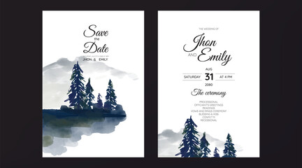 wedding invitation with mountain view watercolor background