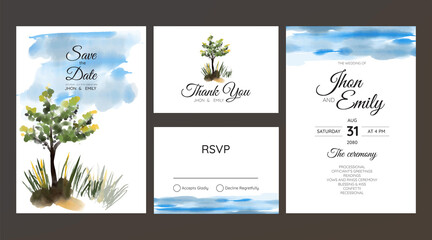 wedding invitation with mountain view watercolor background