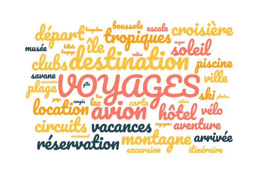 Illustration Voyages en nuage de mots avec un fond transparent