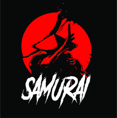 samurai silhouette in frint of red moon - obrazy, fototapety, plakaty
