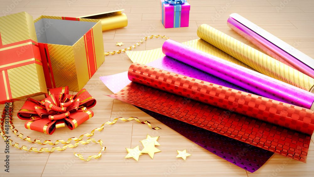Poster pretty colorful gift wrapping and gift box - object 3d rendering