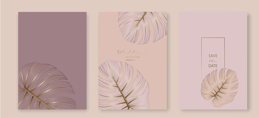 Set of Creative Minimalist Abstract Cards with Tropical Leaves. Botanical Abstract Contemporary Aesthetic Backgrounds with Monstera Leaves Line Art Style. Vector EPS 10