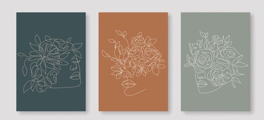 Beauty Woman Face In Flowers Line Art Drawing Set. Woman Head with Flowers One Line Drawing Prints. Elegant Female Sketch Poster with Minimalist Girl Portrait Illustration Print. Vector EPS 10