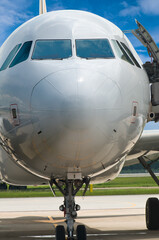 Fototapeta na wymiar Closeup of airplane nose with pilot cabin against blue sky