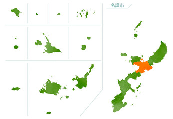 水彩風の地図　沖縄県　名護市
