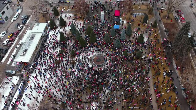 Crowd with speaker circling Calgary Protest 12th Feb 2022