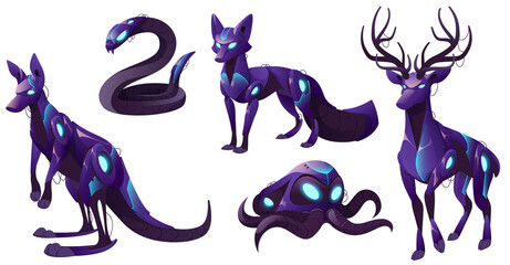 Animal robots, cyborgs kangaroo, snake, fox, octopus and deer. Cartoon robotics animalistic machine characters with glowing eyes and wires, mechanical and electronic transformer personages Vector set