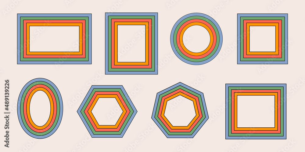 Poster retro hippie collection rainbow frames in style 60s, 70s. trendy psychedelic design elements. vector